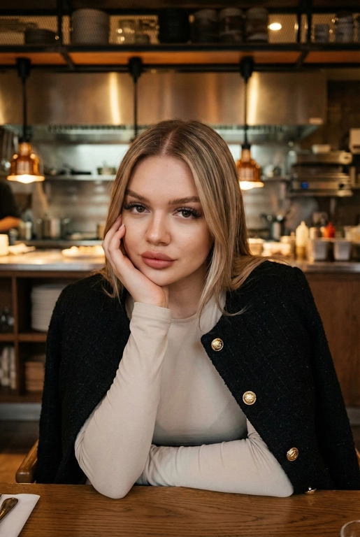   фотореализм 8K, внешность человека строго 1:1 с референса — лицо, волосы, глаза, кожа — без изменений

Снимок сделан в ресторане или кафе с приглушенным освещением. Женщина сидит за столиком, часть которого видна в кадре, и смотрит в камеру. Поза расслабленная: голова слегка наклонена, одна рука согнута в локте и подпирает подбородок. На ней надета светлая кофта с длинными рукавами и черный твидовый пиджак с золотыми пуговицами. На заднем плане видна кухня ресторана с металлическими поверхностями и оборудованием. Общая цветовая гамма теплая, с преобладанием коричневых, бежевых и черных оттенков. Стиль фото ближе к портретной съемке, возможно, кадр сделан спонтанно во время отдыха. Атмосфера спокойная и непринужденная.