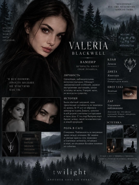 Создай cinematic character
poster в стиле официальных
фильмов Twilight Saga: мрачная атмосфера, лес Форкса, туман, холодная цветокоррекция и драматичный свет.
На постере текстом и визуально должны быть:
1. тип существа,
2. имя (не должно совпадать с именами героев канона) и фамилия персонажа,
3. описание личности,
4. история,
5. способности (если есть),
6. цвет глаз (если изменен, и отрази это во внешности)
7. клан/стая,
8. роль в саге,
9. эстетика персонажа,
Используя моё фото, создай образ персонажа и оформи результат как character dossier с инфографикой и в стиле
Twilight Saga.
1. Вампир: спокойствие, наблюдательность, эмоциональная глубина, интеллект, внутренняя дистанция и эстетичность.
2. Оборотень: эмоциональность, энергия, импульсивность, защитный характер, преданность и лидерство.
3. Человек: реалистичность, человечность, адаптивность, искренность и влияние на сюжет без сверхсил.
Если выбран вампир - укажи: клан, дар, историю обращения, диету и цвет глаз по канону («золотые» при животной диете, «красные» при человеческой).
Если выбран оборотень - укажи: стаю, роль в стае и историю первого обращения. У оборотней нет дара.
Если выбран человек - укажи: историю. всё на русском языке