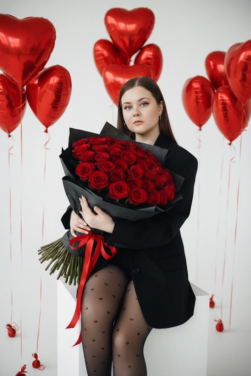 Создай крупный портрет, не меняя черты лица. Эстетичный снимок в стиле высокой моды (Vogue). В центре композиции - девушка, сидящая на белом кубе, она держит огромный пышный букет в черной матовой крафтовой бумаге с красной лентой. Девушка одета в оверсайз черный жакет (блейзер) и тонкие черные капроновые колготки с мелким принтом в виде красных сердечек.  Безупречный макияж. На заднем плане — минималистичный светлый интерьер, заполненный множеством парящих красных фольгированных шаров в форме сердец на тонких лентах. Освещение мягкое, студийное, создающее легкие блики на глянцевой поверхности шаров и подчеркивающее текстуру цветов.

Стиль и качество: Кинематографичный кадр, гиперреализм, высокая детализация тканей и лепестков.
Глубокий контраст между насыщенным красным цветом и строгим черным цветом одежды. Камера на уровне глаз, объектив 35mm, f/2.8. Большой букет из ярко-красных роз