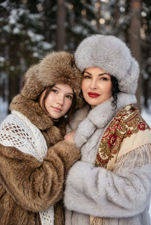 Создай кадр, который представляет собой теплый, уютный, слегка ностальгический зимний портрет в фэшн/фолк-стиле. Атмосфера спокойная, элегантная, дружеская близость двух моделей; сочетание высокой моды (мех, профессиональная ретушь) и фольклорной эстетики (вышитый шарф). Композиция и позирование: Форма кадра: портретный, вертикальный (соотношение примерно 3:4). Расположение: две женщины в центре кадра, тела и головы видны на груди; правая модель немного ближе к камере. Позы: девушки стоят близко друг к другу, левая модель слегка опирается на правую; плечи слегка повернуты к камере. Взаимодействие: мягкая улыбка, закрытое выражение лица, взгляд в камеру; дружелюбный, уверенный тон. Лица и макияж: Кожа: гладкая, естественная текстура, легкий эффект сияния. Глаза: аккуратные блики – оживляют взгляд; нейтральный/теплый макияж теней. Брови: естественная форма, слегка очерчены. Губы: у правой модели насыщенный матовый красный (центральный акцент), у левой – нежно-розовый нюдовый. Волосы: свободные пряди вокруг лица, несколько прядей с легкой волной для естественности. Шапки: большие пушистые меховые шапки с очень четко выраженной текстурой меха; справа – светло-серый мех, слева – коричневый мех. Форма: высокие, округлые, плотно сидят на голове, частично закрывают лоб – создают силуэт и рамку для лица. Верхняя одежда и текстуры: меховые пальто: густой натуральный мех у левой модели коричневый, у правой модели – светло-серый тон с видимым направлением волосков; богатая текстура и объем. У девушки справа на правом плече маленький платок с традиционным русским орнаментом – яркие цветы и листья, на фоне глубокого красного цвета с золотисто-терракотовыми, зелеными деталями; Тонкая бахрома ниспадает на ее плечо. У девушки слева на левом плече небольшой вязаный белый шарф с крупным ажурным узором, что добавляет контраста в текстуре и цвете. Окружение и фон: Лес: темные хвойные деревья, вертикальные силуэты стволов; снег на земле/вдали — размытый фон (боке).