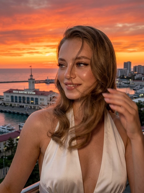 Создай ультрареалистичное изображение в момент глубокого заката. Женщина стоит прямо перед камерой, её взгляд направлен влево, на лице лёгкая улыбка. Голова слегка наклонена к плечу. Правая рука размыта в движении, женщина поправляет волосы у лица. 

Кожа слегка загорелая, с ровным тоном и эффектом влажного сияния. Брови уложены ламинированием. Ресницы густые, пышные, наращённые, с лисьим эффектом. 

На заднем плане морской порт города Сочи, море и здание морского вокзала. Фон не размывай. Вдали море и небо переливаются яркими цветами: огненно-оранжевым, красным и жёлтым у горизонта.

Закатное освещение подчёркивает естественное сияние кожи без резких теней и создаёт тёплую, интимную атмосферу. Фото без вспышки.

Фотореализм, фото снято на Canon G7 X. Нет идеальной симметрии, видна натуральная текстура кожи и поры. RAW photo, плёночное зерно, лёгкая зернистость, без постановочного ощущения. 

Какая будет прическа?: Волосы уложены в крупную мягкую голливудскую волну. Волосы сохраняют гладкость у корней, плавно ложатся по длине и слегка раздуваются ветром в одну сторону. Несколько тонких прядей естественно падают на лицо.

Какая будет одежда?: Длинное шёлковое платье молочного цвета с глубоким вырезом и одной лямкой вокруг шеи. Платье мягко облегает талию, свободно ниспадает по фигуре и красиво отражает тёплый закатный свет. Ткань гладкая, струящаяся, с естественными складками и дорогим сатиновым блеском.