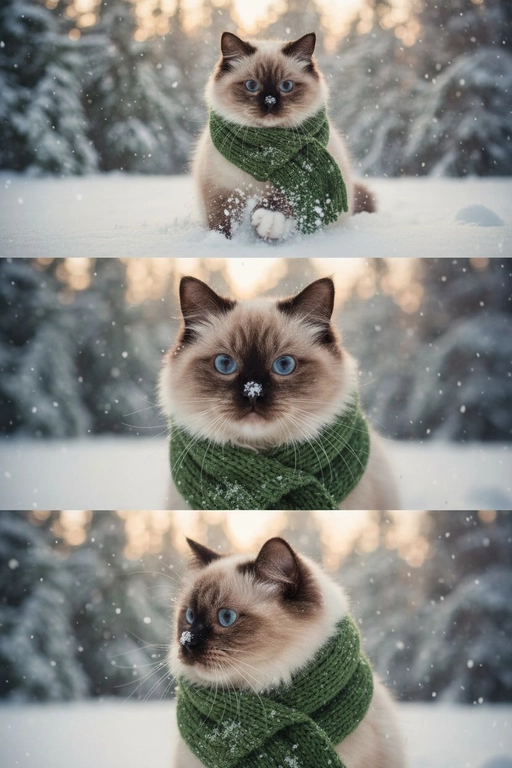     Коллаж из 3-Х фото моего питомца на зимнем фоне в снегу. Питомец в вязаном шарфе, вокруг падает снег, на заднем плане заснеженный лес.

Первый кадр — питомец в полный рост. Он играется со снегом 

Второй кадр — крупный план, увеличенный кадр мордочки питомца с одной снежинкой на носике. Мордочка питомца занимает весь кадр, взгляд прямо в камеру 
 
Третий кадр - портрет питомца, он смотрит в левую сторону. На фото виден шарф, на шарфу есть снежинки 

Три кадра объединены в вертикальный коллаж в едином тоне и свете. Атмосфера — реалистичная, теплая и немного кинематографичная.
Свет мягкий, утренний. Цвет шарфа - зеленый