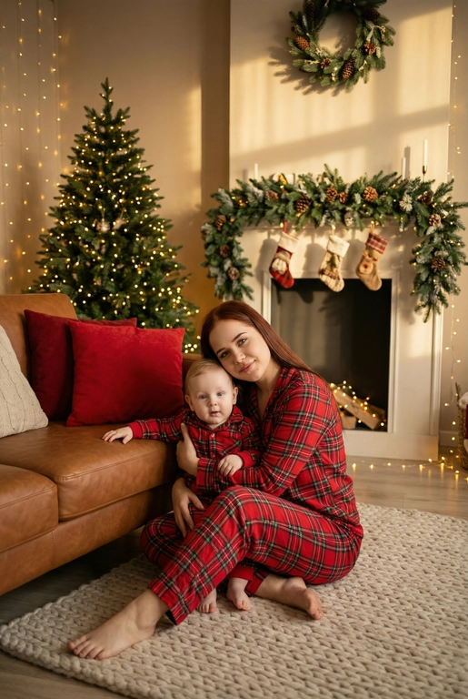   Создай трогательный кадр из профессиональной фотосессии в студии, где запечатлен момент семейной близости. Люди на фото могут быть как взрослыми так и детьми, в зависимости от предоставленных фото. Сделай так, чтобы все они смотрелись гармонично и трогательно. Фото в стиле Энни Лейбовиц, четкий фокус.

Люди в расслабленных позах на низком коричневом кожаном диване и на плотном светлом вязаном ковре. Естественные прически и минимальный макияж. 

Студия украшены в рождественском или новогоднем стиле, рядом с диваном стоит елка, позади дивана камин. Каминная полка украшена еловой гирляндой, шишками и маленькими рождественскими носочками. На диване красные декоративные подушки. В студии висят теплые гирлянды и мягко светятся.  

На фото видно лица людей и они смотрят в камеру.
 
Освещение мягкое, естественное, теплое, в стиле "Золотой час", мягкие тени, камера на уровне глаз, теплый цветовой грейд (золотисто-коричневые тона), натуральные оттенки, тонкая ретушь, мягкая пленочная текстура, атмосфера уюта, семейного тепла и близости. Одежда в стиле классических красных пижам в клетку 
