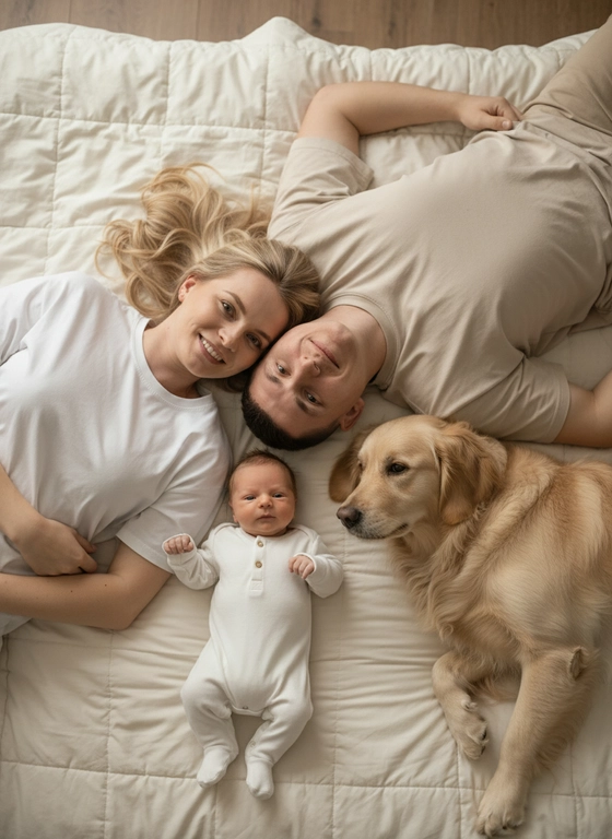 Это семейный снимок, сделанный сверху. Теплая, уютная атмосфера домашнего уюта. Цветовая гамма приглушенная, преобладают бежевые и кремовые оттенки.

На фото мужчина и женщина, лежащие рядом друг с другом на стеганом одеяле. Между ними лежит ребёнок в светлом комбинезоне с длинными рукавами и пуговицами. Справа от женщины лежит собака.

Женщина одета в свободную белую футболку. Мужчина одет в однотонную футболку. Они оба лежат на спине, их головы соприкасаются, они улыбаются. Ребенок смотрит прямо в камеру. Собака лежит, положив голову на одеяло.