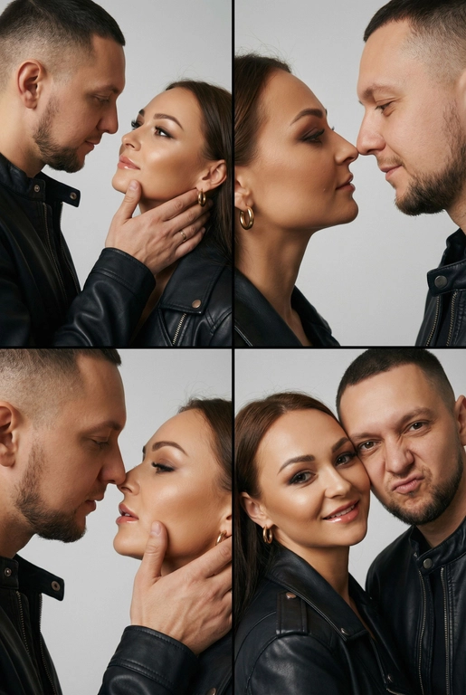 Фотореалистичный кинематографический коллаж в стиле фотобудки 2×2 из четырёх интимных портретов стильной пары крупным планом, расположенных в бесшовной сетке 2×2, на каждом кадре показана разная поза и выражение лица. Лица не меняются.  
  
Вверху слева — крупный план головы и плеч, мужчина нежно обнимает подбородок женщины; вверху справа — интимный профиль «нос к носу»; внизу слева — почти поцелуй с приоткрытыми губами и лёгким касанием щеки пальцами; внизу справа — игривый спонтанный снимок, где женщина смотрит в камеру, а мужчина корчит смешную рожицу.  
  
Обе модели модные и гламурные, тёплый загар с реалистичными бликами, естественная зернистость плёнки и тонкая текстура кожи. Женщина с золотыми серьгами‑кольцами, безупречным гламурным макияжем и блестящими губами; они оба в лёгких черных кожаных куртках; видны ювелирные украшения и фактурные ткани.  
  
Студийный бесшовный светло‑серый фон, мягкий равномерный ключевой свет спереди слева, тёплый вольфрамовый контурный свет справа для разделения, мягкие направленные тени для глубины. Кинематографическая атмосферная цветокоррекция с тёплыми бликами и нейтральными глубокими тенями, эстетика редакционного журнала. Сверхдетализированные пряди волос, реалистичные ресницы и брови, резкие отражения металла и ткани, правдоподобная ретушь журнального уровня, но при этом естественная.