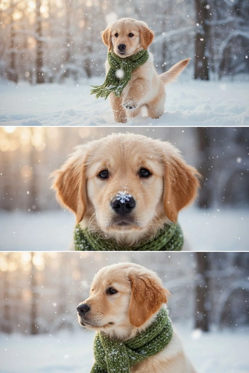     Коллаж из 3-Х фото моего питомца на зимнем фоне в снегу. Питомец в вязаном шарфе, вокруг падает снег, на заднем плане заснеженный лес.

Первый кадр — питомец в полный рост. Он играется со снегом 

Второй кадр — крупный план, увеличенный кадр мордочки питомца с одной снежинкой на носике. Мордочка питомца занимает весь кадр, взгляд прямо в камеру 
 
Третий кадр - портрет питомца, он смотрит в левую сторону. На фото виден шарф, на шарфу есть снежинки 

Три кадра объединены в вертикальный коллаж в едином тоне и свете. Атмосфера — реалистичная, теплая и немного кинематографичная.
Свет мягкий, утренний. Цвет шарфа - зеленый