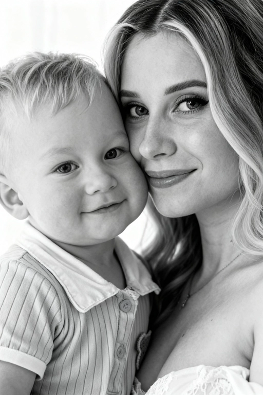 Сверхреалистичная черно-белая художественная фотография 8K женщины и ребенка, снятая очень крупным планом, щека к щеке так что видны только правая половина лица женщины и левая половина лица ребенка. которые смотрят в камеру. Их лица расположены рядом, почти соприкасаясь, образуя идеально сбалансированную симметричную композицию. Каждая деталь передана с фотографической точностью: тонкая текстура кожи и плавные градиенты света и тени. Видимая половина женщины включает ее бровь, один глаз , часть ее носа, щеку и губы, слегка приоткрытые в нежной, естественной улыбке, Видимая половина ребенка включает один глаз , круглую мягкую щеку, часть носа и небольшую улыбку, Фон белый и слегка размытый, что подчеркивает эмоциональную близость между ними. Освещение мягкое и рассеянное, создает деликатный контраст и тональную глубину. На снимке запечатлены нежность, близость и связь между матерью и ребенком, запечатленные с потрясающей реалистичностью. Не меняй черты лиц. 