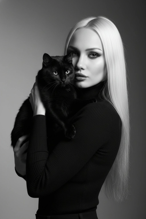 Высококонтрастный черно-белый портрет женщины в черной водолазке, держащей чёрную кошку у лица. Композиция напряжённая и интимная: оба персонажа смотрят прямо в камеру с одинаковой интенсивностью. Яркое и направленное освещение создаёт глубокие тени и подчёркивает контраст между их бледной кожей и тёмной шерстью кошки. Выражение её лица спокойное и уверенное, глаза подведены чётко, а гладкие прямые волосы естественно ниспадают на одно плечо. Фон - градиент от серого к темно-серому. Общее настроение таинственное, элегантное и кинематографичное, напоминающее портрет из модного журнала с готическим подтекстом.
