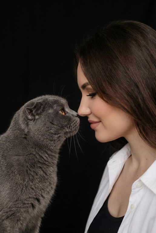 Сделай фото со мной и моим питомцем. Реалистичное фото, с высокой детализацией. Снимок меня и моего питомца в профиль. Фото сделано первым средним планом (Medium CloseUP), в кадре видно часть туловища (с головы до середины груди).
Я стою лицом к своему питомцу в строгий профиль, смотрю прямо на него.
Мой питомец расположен прямо напротив моего лица, также в профиль, смотрит прямо на меня. Наши носы почти соприкасаются. Наши головы могут быть наклонены: например, моя голова наклонена немного вниз, а голова питомца наоборот повыше. Четкая визуальная симметрия между моем лицом и головой моего питомца.
Студийное освещение, мягкий свет, создающий контрастность и скульптурные тени, на самом лице минимум тени. 
 У меня легкая улыбка, питомец смотрит с дружелюбным настроем. Фон черный. 