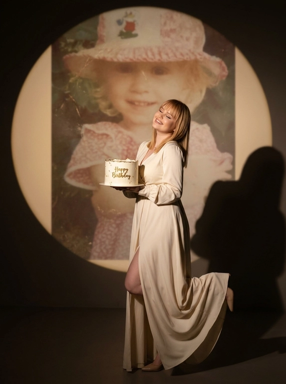 Create ultra-realistic cinematic birthday photoshoot, elegant studio with a dark background and a large circular spotlight projection on the wall. Inside the spotlight, a faded vintage childhood photo of the same girl(the reference image 2nd given)appears as a nostalgic memory, slightly transparent with old photo texture and soft blur. In the foreground, the present-day version of the same model (the reference image 1st given)  holding a white birthday cake decorated with gold accents with a “Happy Birthday". 

If the model is a woman, then she is wearing a cream long gown. If the model is a man, he is wearing a suit.

her head tilted back, eyes closed, natural smile,  cinematic shadow cast on the wall, warm soft spotlight lighting.

If the model was a woman, she additionally lifted her leg in an elegant pose.

Доп. характеристики: Не изменять лицо, сохранить лицо на 100% оставить челку