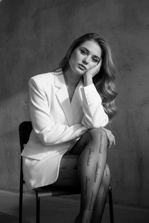 Портрет женщины, расслабленно сидящей на металлическом стуле со скрещенными ногами, голова наклонена в сторону и опирается на руку, средний план, перспектива на уровне глаз, естественный макияж со стрелками на глазах, с мягким контурингом и естественными губами, в объемном белом блейзере со структурированными плечами и капроновых колготках с узорами в виде красивых надписей , на фоне фактурной стены, драматическое кинематографическое освещение, боковое освещение справа, резкие контрастные тени, таинственная и напряженная атмосфера, съемка портретным объективом 85 мм, малая глубина резкости, высокохудожественная редакционная фотография, фотореалистичный, высокая детализация, монохромная цветовая палитра. Волосы легкими волнами