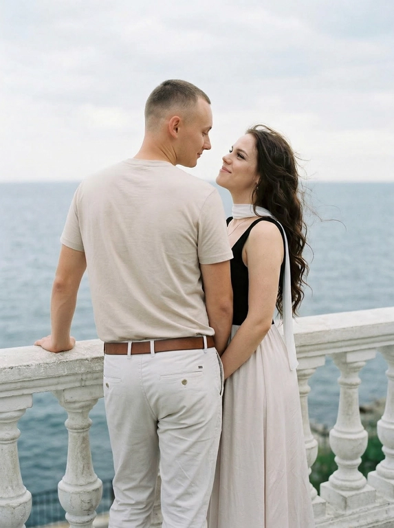 Пара стоит у белого каменного балюстрадного ограждения с видом на море. Мужчина слева, спиной к камере, корпус в 3/4 вправо, левая рука опирается на перила, голова повернута вправо к женщине, смотрит на неё с нежностью. Женщина справа, корпус в 3/4 влево, стоит очень близко к мужчине, смотрит ему в лицо снизу вверх. Одежда: мужчина — светлая бежевая футболка с коротким рукавом, светлые брюки, коричневый ремень; женщина — длинное платье с чёрным облегающим верхом без рукавов и светлой струящейся юбкой до пола, белый тонкий шарф на шее. Волосы слегка развеваются. Фон: море, пасмурное небо. Мягкий естественный свет, 50mm, лёгкое зерно.