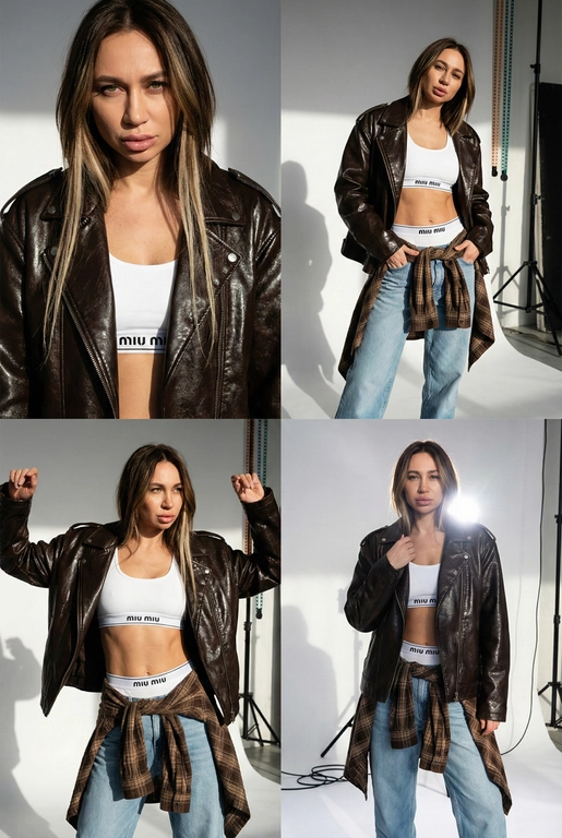  Коллаж из четырех фотографий женщины с загруженной фотографии лицо не изменять 100% сходство в стиле high-fashion и streetwear. Она позирует в студии с жестким направленным светом. На ней надет белый спортивный топ-бра и трусы-боксеры с логотипом на резинке (стиль Miu Miu), светлые голубые джинсы свободного кроя и объемная темно-коричневая кожаная куртка из глянцевой кожи. На талии повязана коричневая клетчатая рубашка в стиле гранж. 
Детализация для нейросети 
• Внешность и поза: Модель с выразительными чертами лица. Позы динамичные: взгляд в камеру, легкий наклон корпуса, руки в движении. 
• Одежда и текстуры: 
• Куртка: Оверсайз, темно-шоколадного цвета, с интенсивным виниловым или лакированным блеском. 
• Белье: Белый хлопковый трикотаж с минималистичным черным текстом по центру резинки. 
• Низ: Светло-голубой деним, классическая клетка «тартан» на рубашке (бежевый, коричневый, белый цвета). 
• Освещение и фон: Профессиональный студийный свет, создающий глубокие контрастные тени на белом фоне. Видны элементы студийного оборудования (стойка софтбокса) по краям кадра, что добавляет эстетику «backstage» или журнальной съемки. 
• Стиль съемки: Эстетика модных журналов 2000-х (Y2K) в современной интерпретации. Высокое разрешение, четкие текстуры кожи и ткани, эффект вспышки «в лоб».
3:4