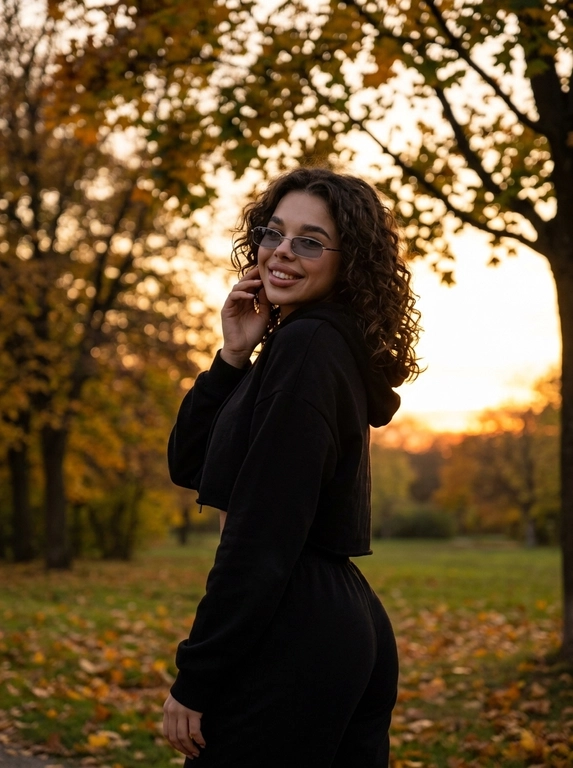 Фотореалистичная lifestyle-фотография женщины на улице в парке в осенний сезон. На заднем плане крепкие деревья, с которых уже начинает осыпаться листва. На горизонте мягкое яркое сияние рассвета или заката, создающее тёплую атмосферу и красивую естественную подсветку.

Стиль фотографии — модный уличный кадр с эффектом живой фотосессии, снятой на естественном свете. Основная палитра строится на тёплых оттенках закатного неба, осенней листвы и контрасте тёмной одежды. Атмосфера спокойная, лёгкая и немного мечтательная.

Женщина стоит в пол-оборота к камере, корпус слегка развёрнут в сторону, голова повернута назад через плечо. Она смотрит в камеру с лёгкой мягкой улыбкой. Одна рука слегка приподнята и находится рядом с лицом, поза выглядит естественной, расслабленной и непринуждённой, без ощущения постановки.

Волосы слегка развеваются от воздуха.

На женщине  Свободный чёрный укороченный худи с капюшоном, который мягко прикрывает часть шеи и плеч. Образ casual, простой, расслабленный и стильный, хорошо контрастирует с тёплым осенним светом.

Кадр снят немного дальше: женщина показана примерно до верхней части бёдер, чуть ниже линии ягодиц, чтобы лучше читались поза и силуэт. Композиция сохраняет акцент на лице, выражении и атмосфере, но даёт больше воздуха и пространства вокруг.

Освещение полностью естественное, мягкое и тёплое, с деликатным свечением от заката или рассвета. Фотография выглядит как дорогой, но живой кадр для Pinterest или социальных сетей: реалистичная текстура кожи и ткани, без глянцевой ретуши, без эффекта пластика, без ИИ-сглаживания.