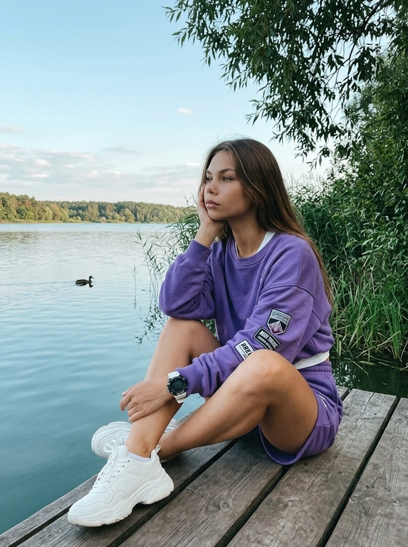 Постановочный портрет на деревянном пирсе у спокойного озера. С одной стороны кадра высокие камыши и густая зелёная листва, в верхний угол кадра свисает ветка дерева с листьями. Перед женщиной простирается спокойная гладь озера, вдали виден берег, покрытый деревьями, под бледно-голубым небом с мягкими белыми облаками. Вдалеке по поверхности воды плывёт утка. Естественный дневной свет со слегка прохладной цветовой палитрой с бирюзовым оттенком. Весь кадр полностью резкий, без размытия фона.

Поза:

Она сидит на самом краю деревянного пирса, подтянув обе ноги к себе. Одно колено поднято немного выше, второе расположено перед ним. Лодыжки свободно скрещены и подтянуты к корпусу. Корпус слегка развёрнут в сторону озера и немного наклонён вперёд. Одна рука согнута в локте, локоть опирается на поднятое колено, ладонь мягко поддерживает щёку. Вторая рука расслабленно лежит поверх второго колена, кисть естественно свисает вперёд. Голова слегка наклонена в сторону руки. Взгляд направлен вдаль на озеро. Поза выглядит спокойной, расслабленной и задумчивой, словно фотография была сделана в случайный момент отдыха у воды.

На запястье бело-чёрные спортивные часы с прочным массивным корпусом. Других украшений нет. 

Выражение лица спокойное и задумчивое. Губы мягко сомкнуты с лёгким естественным нейтральным выражением. Одна бровь расслаблена. Взгляд направлен в сторону озера, создавая ощущение глубокой задумчивости. Длинные густые объёмные ресницы с эффектом fox-eye.

губы с прозрачным нейтральным глянцевым блеском. Мягкие тени естественных нейтральных оттенков, аккуратно оформленные брови, лёгкий естественный контуринг. Кожа имеет ровный естественный загар. Ультрареалистичная текстура кожи с хорошо различимыми порами и естественным микрорельефом.

Камера и ракурс:

Постановочный, но выглядящий естественно снимок, сделанный с небольшого расстояния, камера расположена немного выше уровня глаз модели и слегка направлена вниз под естественным углом. Вертикальное кадрирование включает модель целиком в сидячей позе, деревянный пирс, озеро и противоположный лесистый берег. Композиция выглядит естественной, как случайно сделанная фотография на iPhone. Весь кадр полностью резкий, без размытия фона.

Стиль:

Реалистичная фотография, снятая на iPhone. Прохладная цветокоррекция с лёгким бирюзовым оттенком, приглушённые зелёные цвета и мягкие голубые оттенки неба, естественный контраст, лёгкое плёночное зерно, непринуждённая лайфстайл-эстетика, эстетика Pinterest, высокая детализация и ощущение настоящей фотографии из жизни.

Какая будет одежда?: На ней объёмный укороченный фиолетовый свитшот со спущенной линией плеч, трикотажными манжетами и небольшими графическими нашивками и текстовыми элементами на одном рукаве. Свитшот слегка приподнят, открывая небольшой участок белого топа под ним. На ней также фиолетовые шорты в тон свитшот и белые массивные кроссовки на шнуровке с толстой фактурной подошвой.