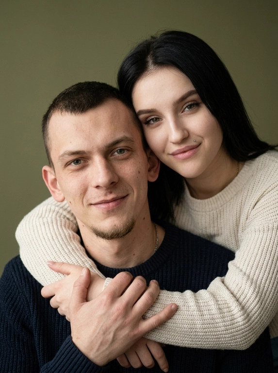 Создай портретный студийный кадр из фотосессии отца и его дочери для этих людей из присланных фото. Дочь нежно обнимает папу сзади, руки мягко сомкнуты на его груди, щекой слегка касается его головы. Оба смотрят прямо в камеру. Спокойные, тёплые, естественные эмоции, лёгкая улыбка.

Приглушенно-зеленый, почти хаки, минималистичный фон. Мягкий естественный рассеянный свет из окна, деликатные тени, акцент на лицах. Натуральная цветокоррекция, светлая чистая палитра, реалистичная текстура кожи без излишней ретуши.

Одежда — базовая и нейтральная: у отца тёмный трикотажный свитер, у дочери светлый вязаный свитер. Без принтов и логотипов.

Кадр — крупный или средний план, плотная композиция, ощущение близости и доверия. Профессиональная съёмка, 85mm lens, shallow depth of field, soft natural light, ultra realistic, high detail, family portrait photography.