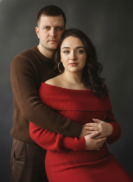 A highly detailed, photorealistic medium close-up portrait of a woman and a man embracing. The man stands behind the woman, both looking at the camera with calm expressions. The woman is wearing a red, off-the-shoulder, long-sleeved knit dress with large gold hoop earrings. The man is wearing a dark brown knit sweater and dark brown loose trousers. They tenderly hold hands in the center of the frame. Dramatic studio lighting with soft, warm sidelight highlighting their skin and the texture of the fabric, soft shadows, against a dark gray melange background. Shot with an 85mm portrait lens. Волосы у девушки красиво уложены, макияж вечерний. Фотография создает теплую романтическую обстановку 