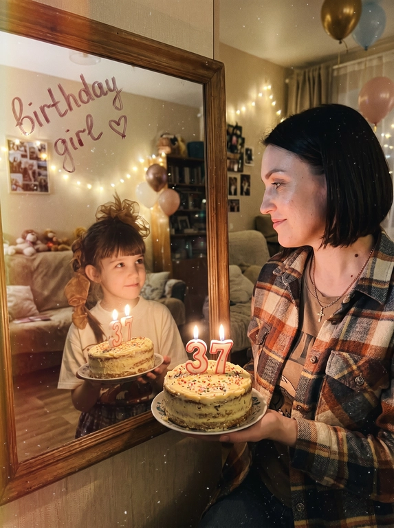 Используя два загруженных фото одного и того же человека — первое фото в детстве, второе во взрослом возрасте — создай фотореалистичный кадр в тёплой домашней эстетике дня рождения. В кадре взрослая версия человека стоит боком у большого зеркала и с лёгкой улыбкой, но отражение в зеркале — только детская версия человека: та же поза, тот же взгляд и торт, сохранены детские черты; взрослая версия не отражается, без дублей.
И взрослая, и детская версии должны быть легко узнаваемы и максимально похожи на человека с загруженных изображений.
Композиция: взрослый человек стоит справа от зеркала, в руках держит небольшой праздничный торт со свечами в виде числа текущего возраста. В зеркале слева отражается детская версия человека, держащая тот же самый торт с теми же цифрами, что и у взрослого. Между ними тёплый эмоциональный контакт, они смотрят друг на друга с мягкой улыбкой.
Стиль и атмосфера: живой, очень реалистичный снимок как случайное красивое фото для соцсетей, мягкий тёплый свет в помещении, лёгкая вспышка на камере, уютный вечерний интерьер, натуральная кожа, естественные черты лица, деликатные блики на зеркале, лёгкое плёночное зерно, немного винтажное настроение, candid photography, эмоциональный и трогательный кадр. Винтаж, кино-стиль, вспышка + мягкий свет, минимализм. Отражение в зеркале теплее и мягче. Сильная зернистость, пленочная пыль.

Надпись на зеркале : На поверхности зеркала небрежно написано от руки: “birthday girl” и маленькое сердечко.

Цифра на торте: Цифра на торте 37