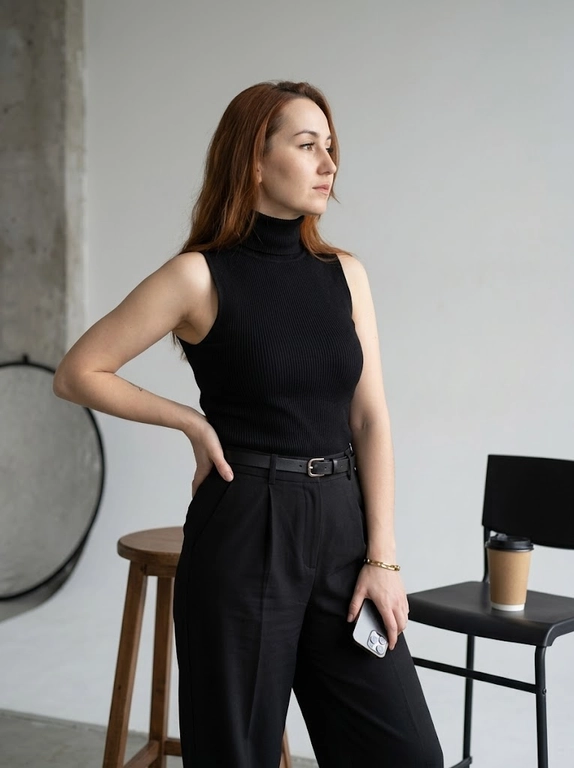 Это модный снимок, сделанный в светлой студии с минималистичным дизайном. На заднем плане видна серая стена и часть студийного оборудования, включая отражатель света и деревянный табурет. Цветовая гамма приглушенная, в основном серые и нейтральные тона.
Модель стоит вполоборота, смотря вправо от камеры. Одна рука у нее на бедре, другая держит телефон. Она одета в трикотажный топ без рукавов с высоким воротником и широкие брюки с высокой талией. На талии тонкий черный кожаный ремень. На руке тонкий золотой браслет.
Рядом с ней стоит черный стул, на котором стоит бумажный стаканчик с кофе. Атмосфера спокойная и элегантная.

Цвет топа: Топ чёрный

Цвет брюк: Брюки чёрные