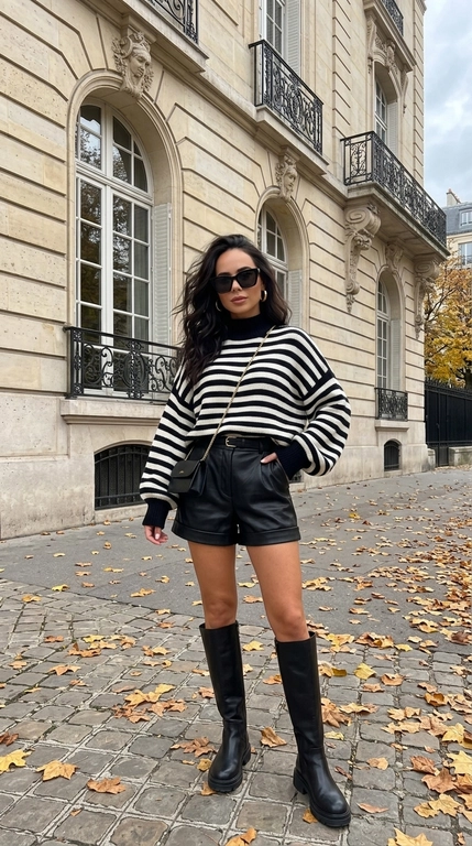 Осенний street style девушки в полосатом свитере