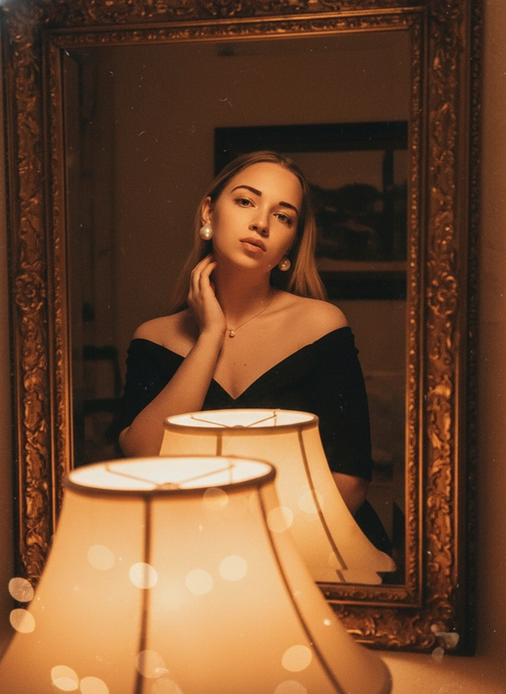 Reference image:
Conceptual version
Cinematic low-light portrait of an elegant woman's reflection in an ornate, antique mirror. She wears a black off-the-shoulder dress and large pearl earrings, her hand gently touching her neck. Dramatic chiaroscuro lighting with deep shadows. Extremely warm amber and orange color palette. Foreground includes a large, soft, out-of-focus (bokeh) lampshade casting a soft glow. Shallow depth of field, 35mm film grain, vertical aspect ratio 9:16, Vogue photography.