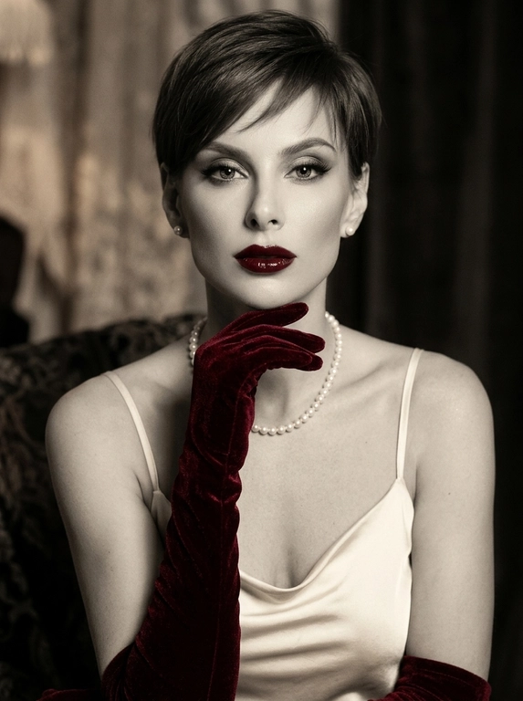 Фотореалистичная художественная fashion-фотография в винтажном стиле, эстетика old-money vintage fashion. Крупный портрет: кадрирование от верхушки головы до верхней части груди/ключиц, лицо занимает большую часть кадра. 
Описание человека: возьми загруженное фото за основу, сохрани лицо.
Образ и детали : классический ретро-glamour. Макияж: ровный фарфоровый тон, мягкие тёплые тени, подчёркнутые ресницы и подводка, выразительные брови; темно-красные губы с чётким контуром и глянцевым финишем. Аксессуары: жемчужные серьги-пусеты и короткое жемчужное ожерелье. На руках длинные темно-красные бархатные перчатки, одна рука поднята к лицу и лежит под подбородком/у линии челюсти, пальцы изящно согнуты. Одежда: светлое атласное/шелковое платье на тонких бретелях (видна верхняя часть), мягкий благородный блеск.
Свет и атмосфера: мягкий рассеянный свет как от окна или лампы с абажуром, тёпло-нейтральный оттенок, нежные тени, лёгкая подсветка скул и линии плеч. Выраженная плёночная дымка (soft haze), мягкое свечение по светам, деликатное зерно, чуть сниженный контраст, пастельная палитра кремовых и серо-оливковых тонов. Фон тёмный, не отвлекающий, с намёком на винтажные ткани и фактуры.
Фокус и детализация: мягкая глубина резкости — лицо и верх образа в фокусе, детали на переднем плане чуть мягче. Высокая детализация материалов (бархат, жемчуг, бархатные перчатки, ткань платья), естественная фактура, аккуратная ретушь без эффекта «пластика». Без текста, без логотипов, без водяных знаков.

Какая будет прическа?: Не изменять мою прическу.