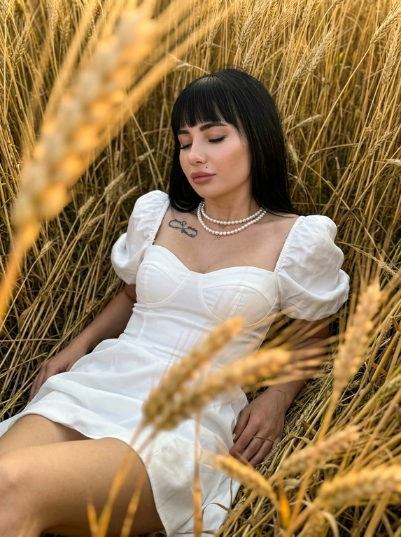 Ультрареалистичная фотография, снятая на iPhone 16 Pro, основная камера 24 mm, формат 4:5.

Женщина лежит на спине среди густых высоких диких колосьев. Камера расположена немного выше и сбоку, съемка сверху под небольшим углом. Голова слегка запрокинута назад, глаза закрыты, подбородок немного приподнят. Правая рука свободно лежит в траве, левая вытянута вдоль тела. Левая нога согнута в колене, правая вытянута.

Загорелая кожа с ровным тоном и влажным сиянием, густые брови уложенные вверх, глаза с межресничной стрелкой, пышные густые ресницы в лисьем эффекте, графичные чёткие длинные чёрные стрелки Пин-Ап, яркий хайлайтер во внутренних уголках. губы накрашены насыщенным коричневым карандашом с мягким  обведённым контуром. 

Высокие золотистые колосья окружают девушку со всех сторон. Несколько длинных колосьев расположены очень близко к объективу и сильно размыты, частично перекрывая нижний, левый и правый край кадра. Остальные колосья лежат вокруг тела и мягко наклоняются над девушкой, создавая ощущение, что она полностью утопает в высокой траве.

Золотой час перед закатом, теплый боковой свет, легкий ветер.

Цветокоррекция: теплые кремово-золотые оттенки, приглушенные цвета, низкая экспозиция, мягкий контраст, натуральная кожа, глубокие оливковые и песочные оттенки, легкое пленочное зерно, Kodak Portra 400 color grading, authentic candid iPhone photography, spontaneous snapshot, documentary lifestyle photography, shallow depth of field, ultra photorealistic, 8K.

Какая будет прическа?: Не менять мою прическу

Какая будет одежда?: На ней короткое белое платье из плотного хлопкового сатина с корсетным лифом, глубоким вырезом sweetheart, объемными рукавами-фонариками до локтя, короткой пышной юбкой и двойное жемчужное ожерелье.