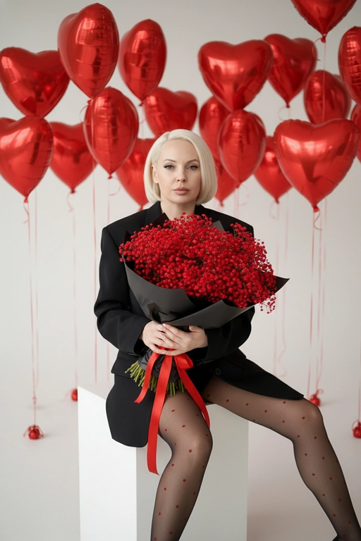Создай крупный портрет, не меняя черты лица. Эстетичный снимок в стиле высокой моды (Vogue). В центре композиции - девушка, сидящая на белом кубе, она держит огромный пышный букет в черной матовой крафтовой бумаге с красной лентой. Девушка одета в оверсайз черный жакет (блейзер) и тонкие черные капроновые колготки с мелким принтом в виде красных сердечек.  Безупречный макияж. На заднем плане — минималистичный светлый интерьер, заполненный множеством парящих красных фольгированных шаров в форме сердец на тонких лентах. Освещение мягкое, студийное, создающее легкие блики на глянцевой поверхности шаров и подчеркивающее текстуру цветов.

Стиль и качество: Кинематографичный кадр, гиперреализм, высокая детализация тканей и лепестков.
Глубокий контраст между насыщенным красным цветом и строгим черным цветом одежды. Камера на уровне глаз, объектив 35mm, f/2.8. Огромный и пышный букет из ярко-красной гипсофилы