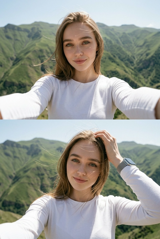 создать ultra realistic cinematic collage из двух кадров. STRICT identity preservation
Первый верхний кадр коллажа: Женщина делает селфи на фоне огромных зеленых гор Дагестана под ясным ярким дневным небом. На фоне — высокие насыщенно-зеленые горы, уходящие вдаль и создающие кинематографичную глубину. Камера близко к лицу, слегка широкий угол, как случайное vacation selfie.
Второй нижний кадр коллажа: Та же женщина на фоне тех же гор Дагестана, но в немного другой позе и ракурсе. Атмосфера остается естественной, живой и спонтанной, как серия кадров из поездки. безупречный макияж. Некоторые пряди частично прикрывают лицо и мягко развеваются от теплого летнего ветра. 
Женщина в полуповороте, слегка наклонив голову, мягко улыбается и смотрит в камеру. Одной рукой касается волос у корней, удерживая прядь. Рука слегка размыта в движении, создавая candid snapshot feeling.
На запястье — часы серебристые apple .
Одежда: белый облегающий лонгслив, подчеркивающий силуэт. На ткани видны солнечные пятна, тени и легкие складки.
Освещение — сочетание яркого дневного солнца и прямой вспышки Canon G7X. Вспышка создает характерные glossy highlights на коже, губах, волосах и часах, слегка пересвеченные участки и глубокие тени. Кадр выглядит как luxury travel snapshot, снятый случайно во время отдыха.
Атмосфера — warm summer wind, luxury vacation aesthetic, spontaneous candid moment. улыбка зубов не видно.