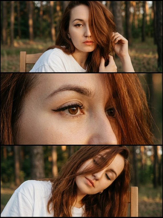 Не меняй черты лица, оставь их точь-в-точь как на загруженном фото, в том числе макияж и волосы. Композиция из триптиха изображает модель, сидящую в лесу на деревянном стуле в золотой час. На ней свободная белая футболка, фото по пояс. На верхнем кадре портрет лица крупным планом: модель сидит и смотрит в камеру, лицо повернуто боком, она поправляет волосы, на заднем плане лес. На центральном кадре близкий ракурс глаз той же модели, боком к камере. На нижнем кадре портрет крупным планом: изображена та же модель, голова наклонена в сторону, глаза закрыты. На всех кадрах её волосы падают на лицо, закрывая часть. Цветовая палитра приглушённая. Общий стиль наводит на романтику, присутствует видимая зернистость. На каждом кадре присутствует солнечный свет. На каждом кадре кинематографический эффект с добавлением зерна. Причёска везде одинаковая.