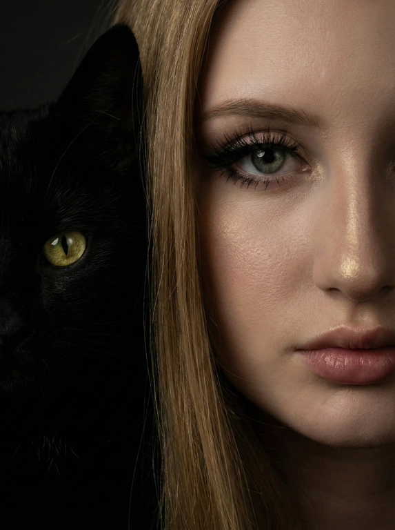       Не меняя внешности человека с фото, кадр показывает драматическую близость лица женщины и черной кошки, вплотную соприкасающихся. Правый глаз женщины смотрит в объектив, подчеркнут мягким контрастным светом, акцентирующим текстуру кожи .ее глубокий взгляд стенями подчеркивает форму глаза и внешний угол, создавая тревожное ожидание. Ресницы длинные, черные , внутренний уголок глаза прокрашен черными .Кола идеальная виден хайлайтер на носу и скулах -золотой, пухлые губы .Длинные прямые волосы спускаются вниз, частично закрывая левую сторону лица. Слева на фоне в тени виднеется лицо черной кошки с ярким глазом и вертикальной зрачковой щелью, мех сливается с фоном, создавая мистическую гармонию с лицом. Приглушенный боковой свет формирует глубокие тени и контрасты между кожей, волосами и шерстью. Атмосфера насыщена напряжённостью, философской задумчивостью и мрачной эстетикой, вызывая внутреннее противостояние и глубокое кинематографическое ощущение. Фотореалистичное, высокая детализация, качество 8К.