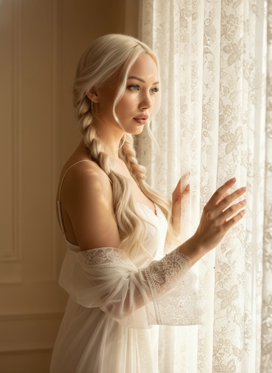 Сохрани внешность девушки с фото 1:1, , не меняй черты лица, строго сохрани внешность.
Студийная фотография, стилизованная под рекламный снимок косметики или свадебную съемку. Женщина стоит в помещении, вероятно, в комнате с бежевыми стенами, возле окна, закрытого полупрозрачной кружевной занавеской. Свет из окна создает причудливые тени на лице и теле. Атмосфера спокойная и нежная. Женщина одета в светлое платье или топ на тонких бретельках, сверху надет очень красивый нежный халатик с рукавами до локтя, на концах рукава кружево и жемчужинки. Она слегка повернута вполоборота, смотрит в сторону от камеры, ее рука касается занавески. волос белые , две косы из косы выбиваются пряди волос, косы слегка растрепанны 
Студийная фотография, стилизованная под рекламный снимок косметики или свадебную съемку. Женщина стоит в помещении, вероятно, в комнате с бежевыми стенами, возле окна, закрытого полупрозрачной кружевной занавеской. Свет из окна создает причудливые тени на лице и теле. Атмосфера спокойная и нежная. Женщина одета в светлое платье или топ на тонких бретельках, сверху надет очень красивый нежный халатик с рукавами до локтя, на концах рукава кружево и жемчужинки. Она слегка повернута вполоборота, смотрит в сторону от камеры, ее рука касается занавески. Цветовая гамма теплая, преобладают бежевые, кремовые и золотистые ...
 воло Цветовая гамма теплая, преобладают бежевые, кремовые и золотистые ...
