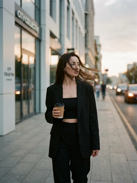Фотореалистичный цветной кадр, как стоп-кадр. Женщина идёт вдоль городского тротуара, параллельно фасаду здания. Плечи развёрнуты ровно к камере. Правая рука опущена вдоль тела, левая держит стакан кофе на уровне груди. Волосы уводит ветром вправо, часть прядей пересекает лицо. Взгляд направлен вправо. Одежда: чёрный короткий топ без бретелей, чёрный оверсайз-пиджак, чёрные брюки. Слева расположен красивый современный городской фасад с аккуратной архитектурой, справа — мягко размытая улица и машины. Свет тёплый, кинематографичный, слегка приглушённый. Заниженная экспозиция, низкая контрастность, мягкий film look, лёгкая дымка, без HDR, без clean digital. Снято на плёночный фотоаппарат.