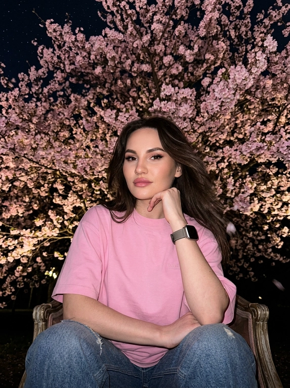 На снимке запечатлена женщина в задумчивой и мечтательной позе ночью, она сидит вполоборота в профиль, мягко подпирая подбородок рукой и устремляя нежный взгляд в камеру, лёгкая динамика ветра, subtle motion blur, темнота, композиция выстроена с драматичного слегка нижнего ракурса, где доминирующим элементом фона выступает пышная крона цветущей сакуры в ночное время, множество нежно-розовых соцветий образуют над головой плотный живой купол, подсвеченный мягким искусственным светом, создавая сказочную интимную уединённую атмосферу ночи, женщина одета в свободную футболку Balenciaga, внизу джинсы свободного кроя из плотного денима с потертостями, на руке часы Apple Watch с ремешком Hermes серого цвета, лицо освещено жёсткой вспышкой которая с гиперреалистичной точностью передает каждую деталь: естественный микрорельеф кожи, изгиб длинных ресниц и нежный макияж с акцентом на губах, палитра объединяет глубокий чёрный цвет ночного неба со звездами и пудрово-розовые тона лепестков, все микродетали кожи и текстуры материалов проработаны с высокой чёткостью, фотореализм, waist shot, low angle, 35mm, iPhone 16 Pro Titanium, гиперреалистичная кожа с видимыми порами и естественными несовершенствами.

Какого цвета будет футболка?: На ней надета розовая футболка