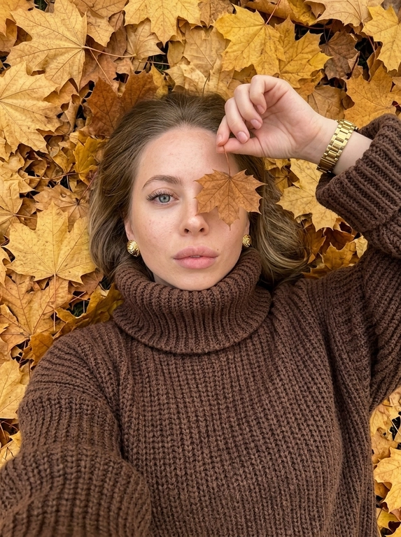 Максимально фотореалистичная фотография, снятая на iPhone. Женщина лежит на спине на плотном ковре из сухих осенних кленовых листьев золотисто-жёлтых, охристых, медных и коричневых оттенков. ракурс: камера находится сверху над женщиной, но не строго вертикально над центром лица — фотограф расположен немного со стороны её корпуса, поэтому кадр идёт сверху вниз под лёгким диагональным углом. Голова находится ближе к верхней части кадра, корпус уходит вниз, лицо и верх тела имеют естественную перспективу. Кадр достаточно близкий — женщина занимает почти всю фотографию, видна примерно от макушки до середины груди, по краям остаётся небольшое количество осенних листьев. Женщина лежит расслабленно, голова немного повернута в сторону, лицо не строго анфас, подбородок слегка развёрнут вбок, при этом глаза смотрят прямо вверх в объектив. Одна рука поднята перед лицом и согнута в локте, женщина тонкими пальцами держит за черенок один сухой коричневый кленовый лист точно напротив одного глаза— лист закрывает один глаз, второй глаз полностью открыт и хорошо виден. На женщине очень объёмный тёмно-коричневый оверсайз свитер из толстой крупной вязки, свободный в плечах и корпусе, с массивным широким высоким горлом и длинными очень широкими рукавами. На поднятой руке поверх рукава свитера находятся одни золотые часы с широким металлическим браслетом, никаких дополнительных часов или браслетов. В ушах крупные эффектные круглые золотые серьги (Не кольца!). Макияж: длинные объёмные пучковые ресницы с 2D-эффектом, кожа с естественной текстурой и видимыми порами, без ретуши. Весь фон состоит только из осенних листьев, без посторонних объектов, слегка пониженная экспозиция, натуральная цветопередача, высокая детализация, фон чёткий без размытия.