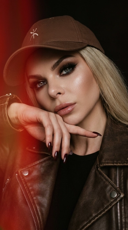 Фотореалистичный дерзкий fashion-портрет женщины. Очень крупный план, камера расположена чуть выше уровня лица и очень близко, женщина слегка наклонена к объективу, лицо повернуто примерно на 3/4, взгляд прямо в камеру. Одна рука согнута и поднята перед лицом, запястье опирается под подбородком, пальцы расслабленно проходят перед губами; на ногтях длинный тёмно-бордовый глянцевый маникюр. На женщине тёмно-коричневая кожаная куртка с выраженной фактурой и металлическими молниями, под ней чёрный топ.

Макияж: чётко оформленные брови, насыщенные коричнево-чёрные smoky eyes, вытянутая чёрная стрелка, очень объёмные ресницы с акцентом на внешний угол, мягкий холодный контуринг, лёгкое сияние на скулах, губы в розово-нюдовом оттенке с влажным глянцевым финишем. 

По левому краю кадра проходит сильная красная оптическая засветка от попавшего в объектив источника света: мягкое полупрозрачное красно-оранжевое свечение без видимого объекта, постепенно рассеивающееся к центру кадра и создающее цветной рефлекс на пальцах, коже и краях одежды. 

Фон почти полностью тёмный, глубокий чёрно-коричневый, без деталей. Свет приглушённый и контрастный: основной мягкий источник освещает лицо справа, левая часть лица и фон уходят в глубокую тень; красный light leak добавляет локальное цветное свечение и атмосферу старой оптики. Низкая экспозиция, глубокие тени, лёгкая мягкость изображения, натуральная текстура кожи и волос, выраженная фактура кожи куртки и металлических деталей, плёночное зерно, raw-съёмка, дорогая dark fashion editorial эстетика, без пластиковой кожи и AI-эффекта.

Головной убор:  на голове коричневая бейсболка с небольшим светлым символом.