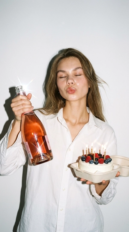 Ультрареалистичная фотография в эстетике Party Girl / Birthday Aesthetic, стилизация под случайный снимок на компактную цифровую камеру начала 2000-х.
 девушка празднует день рождения. На ней свободная белая рубашка оверсайз на пуговицах. В одной руке она высоко держит бутылку розового шампанского, в другой — небольшой бенто-торт со светлыми свечами и свежими ягодами.

Глаза закрыты, на лице игривое выражение с лёгким «поцелуйным» жестом губ. Не меняй прическу модели.

Съёмка со вспышкой прямо в камеру на фоне простой молочно-белой стены. Жёсткий свет создаёт характерную чёткую тень за фигурой, яркие блики на коже, волосах, бутылке и глазури торта. Атмосфера спонтанного домашнего праздничного снимка: немного несовершенная композиция, лёгкая зернистость, естественная текстура кожи, реалистичные отражения и мелкие детали.

Стиль: 2000s digital camera, lo-fi party aesthetic, candid snapshot, hard flash, authentic lifestyle photography, natural skin texture, realistic colors, high detail, 4K.

Без: студийной постановки, мягкого идеального света, пластиковой кожи, чрезмерной ретуши, CGI, мультяшности, искажённых рук и пальцев, лишних пальцев, деформированной бутылки или торта, артефактов текста, логотипов и водяных знаков.