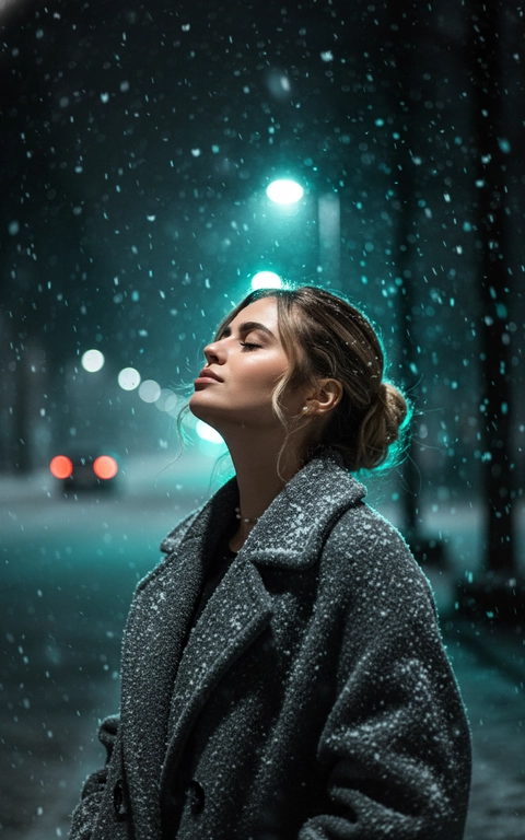 Сверхдетализированное, кинематографичное фото в разрешении 4K, стиль: эмоциональный реализм, темная зимняя эстетика. Крупный план (по пояс). Персонаж стоит на улице ночью во время снегопада. Голова запрокинута назад, лицо обращено к небу, глаза закрыты в выражении спокойствия и наслаждения моментом, словно вдыхая холодный морозный воздух. Волосы выглядят живыми, блестящими и очень детализированными. Персонаж одет в объемное темно-серое (антрацитовое) пальто из грубой шерсти. Текстура ткани мягкая, ворсистая, на ней видны осевшие белые снежинки. Идет густой снег, в воздухе множество снежинок разного размера — некоторые четкие, некоторые размыты в движении. Фон сильно размыт (малая глубина резкости), это ночной город. Ключевой свет: прямо за головой и чуть выше светятся крупные круглые огни холодного бирюзового (cyan/teal) цвета, создающие красивое боке. Слева вдалеке видны красноватые размытые огни (например, стоп-сигналы). Общая цветовая гамма — холодная, контрастная: черный, серый, электрический синий. Снято на светосильный объектив (f/1.8), фокус на ресницах и губах, эффект ветра, высокая четкость, фотореализм, RAW color grading, мрачная атмосфера.