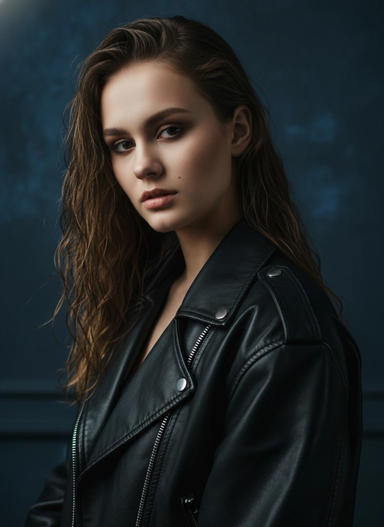 Девушка что на фото, крупный портрет, чёрная кожаная косуха, слегка влажные волосы, естественный макияж, мягкая тень на лице, тёмный минималистичный фон, напряжённая кинематографическая поза, мода 90-х, глубокие тени, emotional fashion portrait, ultra realistic