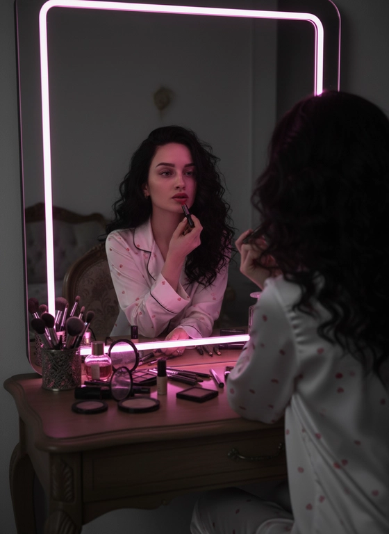 Лицо оставить строго без изменений. Создай Не меняя черты лица. 
Создай гиперралистичное изображение в 8К молодой девушки. 
В  гостиной комнате  сидя на за столом на стуле перед зеркалом, держа в руке помаду,  на столе стоит косметика,девушка красит губы смотрят в зеркало. На зеркале горит неоновый свет. Камера близко снимает девушку.
У девушки волнистые ,черные красивые волосы, одета в шелковую белую пижаму с розовыми мелкими сердечками.
Свет-темно серый