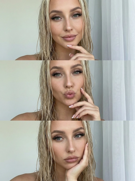   Фото 9:16.
коллаж, состоящий из трех вертикально расположенных фотографий одной и той же девушки. Изображения выполнены в стиле «селфи» или портретной съемки с близкого расстояния.
Вот детальное описание композиции:
Основные элементы
• Внешность: У девушки влажные волосы, которые прядями спадают на лицо и плечи. На лице заметен выразительный макияж: густо накрашенные ресницы, подчеркнутые брови и контур губ. У нее ногти в стиле френч.
• Фотографии с высоким контрастом. Фон светлый и однотонный, что создает эффект студийной съемки или кадра на фоне легких занавесок.
• Позы:
1. Верхнее фото: Девушка слегка улыбается, глядя в камеру, и держит указательный палец у подбородка.
2. Среднее фото: Она делает губы уточкой, сохраняя ту же позу с рукой у лица.
3. Нижнее фото: Взгляд более задумчивый или серьезный, ладонь подпирает подбородок и щеку.
Атмосфера и детали
Общее настроение снимков — эстетичное, меланхоличное и современное, характерное для соцсетей.