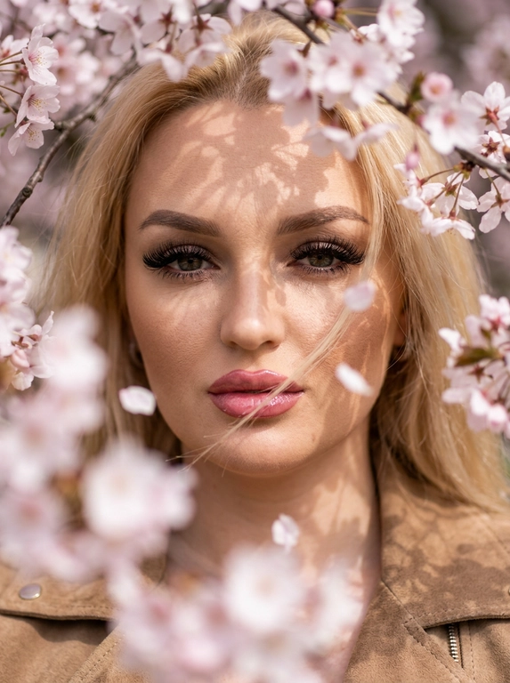 Крупный план лица. Модель смотрит прямо в объектив через густые ветви цветущей сакуры. Часть цветов на переднем плане находится вне фокуса, создавая ощущение глубины и мягкие розовые размытые пятна.
Пластика и поза: лицо словно зажато между ветками.
Модель немного наклоняет голову, из-за чего линия скул образует выразительный острый угол.
Взгляд осознанный, глубокий, живой.
Одежда: видна только линия плеч. Светло коричневая стильная ( по мотивам ysl) замшевая куртка.
Динамика: резкая фокусировка на глазах. Прядь волос и лепестки немного размыты ветром (motion blur). Макияж : густые длинные ресницы, оформленные брови, стрелка удлиняющая глаз, бронзер , легкий тон, губы подчеркнуты насыщенным пыльно розовым карандашом, розовый блеск.
Высокая детализация кожи, реализм текстуры.
Атмосфера: ощущение дорогой журнальной съёмки.
Естественный свет проходит сквозь лепестки и ветви, создавая на лице тонкую сетку из теней.
Супер детализированное фото 8К.