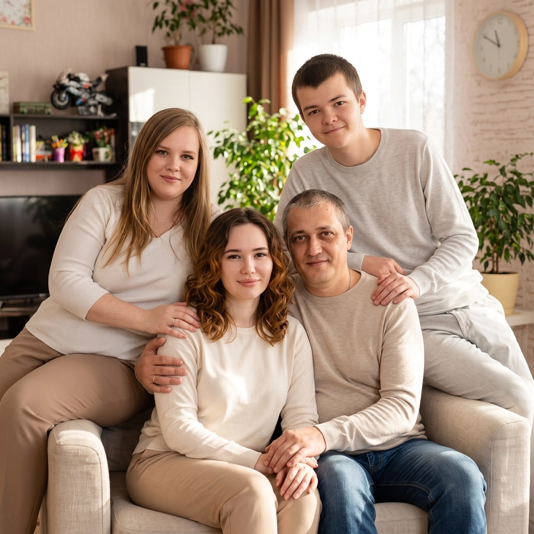 use this/these photos

Выберите стиль фото: : Создайте реалистичный кадр из профессиональной семейной фотосессии в уютном домашнем интерьере. В центре внимания — семейная близость, тепло и искренние эмоции. Семья расположена естественной группой вокруг светлого дивана: старшие сидят на диване, остальные находятся рядом — на подлокотнике, за спинкой или стоя возле него. Легкие объятия, руки на плечах и ненавязчивое взаимодействие подчеркивают эмоциональную связь между людьми.  Все участники одеты в светлые образы в единой палитре: молочные, кремовые, бежевые и светло-серые оттенки, без ярких принтов и логотипов. Светлый уютный интерьер, теплый естественный свет из больших окон. Все смотрят в камеру с мягкими улыбками.  Средний план (по пояс), камера на уровне глаз. Семья занимает большую часть кадра, лица и эмоции хорошо видны. Четкий фокус на всех участниках, естественные позы, высокая детализация, профессиональная семейная фотография.  Professional family portrait, medium shot, waist-up framing, eye-level camera, emotional connection, lifestyle photography, warm atmosphere, natural light, realistic skin texture, high detail.