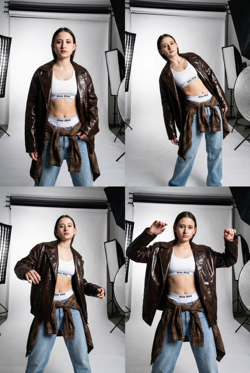  Коллаж из четырех фотографий женщины с загруженной фотографии лицо не изменять 100% сходство в стиле high-fashion и streetwear. Она позирует в студии с жестким направленным светом. На ней надет белый спортивный топ-бра и трусы-боксеры с логотипом на резинке (стиль Miu Miu), светлые голубые джинсы свободного кроя и объемная темно-коричневая кожаная куртка из глянцевой кожи. На талии повязана коричневая клетчатая рубашка в стиле гранж. 
Детализация для нейросети 
• Внешность и поза: Модель с выразительными чертами лица. Позы динамичные: взгляд в камеру, легкий наклон корпуса, руки в движении. 
• Одежда и текстуры: 
• Куртка: Оверсайз, темно-шоколадного цвета, с интенсивным виниловым или лакированным блеском. 
• Белье: Белый хлопковый трикотаж с минималистичным черным текстом по центру резинки. 
• Низ: Светло-голубой деним, классическая клетка «тартан» на рубашке (бежевый, коричневый, белый цвета). 
• Освещение и фон: Профессиональный студийный свет, создающий глубокие контрастные тени на белом фоне. Видны элементы студийного оборудования (стойка софтбокса) по краям кадра, что добавляет эстетику «backstage» или журнальной съемки. 
• Стиль съемки: Эстетика модных журналов 2000-х (Y2K) в современной интерпретации. Высокое разрешение, четкие текстуры кожи и ткани, эффект вспышки «в лоб».
3:4