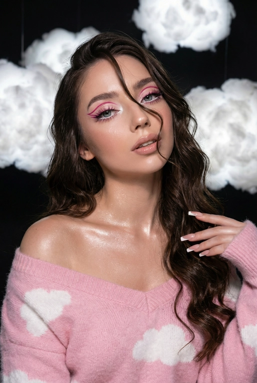 Крупный план лица девушки в стиле «высокой моды». Элегантный макияж глаза с длинными острыми нежно розовые двойные изогнутые стрелки, длинные густые ресницы эффект лучики, нижние густо ресницы накрашены белым и белый каял карандаш на нижнем веке белый Хайлайтер во внутренних уголках и скулах. Губы слегка приоткрыты в легкой ухмылке в легком блеске. Голова наклонена в сторону. На ней пушистый дорогой кашемировый нежно розовый свитер с белыми облаками плечи открыты.
За ней свисают объемные пушистые облака из ваты подсвеченные белым изнутри. Тело и декольте подсвечены хайлайтером и шиммером. Высокая детализация текстур кожи, одежды и волос. Черты лица-полностью сохранены как на референсном фото.
Ногти френч квадрат длинные.
На фоне светлая большая бьюти студия, вокруг темно, ее лицо освещено яркой лампой.  Волосы очень длинные блестящие прическа пляжные локоны. Локон волос падает на лицо 