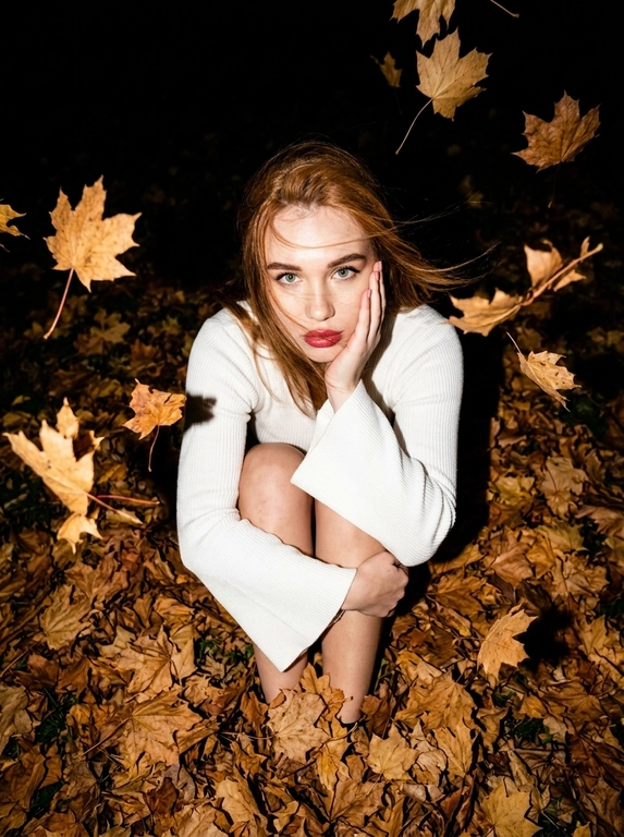 Ultra-realistic candid NIGHT autumn photo. The woman sits curled up directly in a thick carpet of dry autumn maple leaves, knees pulled toward her chest. Camera positioned very high above her, almost directly overhead, dramatic top-down perspective. She raises her face toward the camera, one hand gently supporting her cheek, the other arm resting across her knees.
She wears a fitted white knitted top with very long dramatic FLARED BELL SLEEVES, fitted through the arms and strongly widening from the elbows.
Strong autumn wind blows her hair.

It is DARK outside, almost nighttime. The background beyond the flash falls into deep natural darkness. Shot with a powerful direct on-camera flash: her face, white sweater and the closest leaves are brightly illuminated, while distant leaves rapidly disappear into black shadows. Dozens of dry orange, rust and brown leaves are FLYING THROUGH THE AIR around her, caught mid-flight by the flash; some pass very close to the lens and create strong realistic motion blur and streaks. A few strands of hair also have motion blur from the wind. Face remains sharp. Raw spontaneous flash photography, high contrast, deep blacks, warm saturated autumn tones, slight grain, imperfect handheld framing, realistic textures, no studio lighting, no HDR, no AI look.