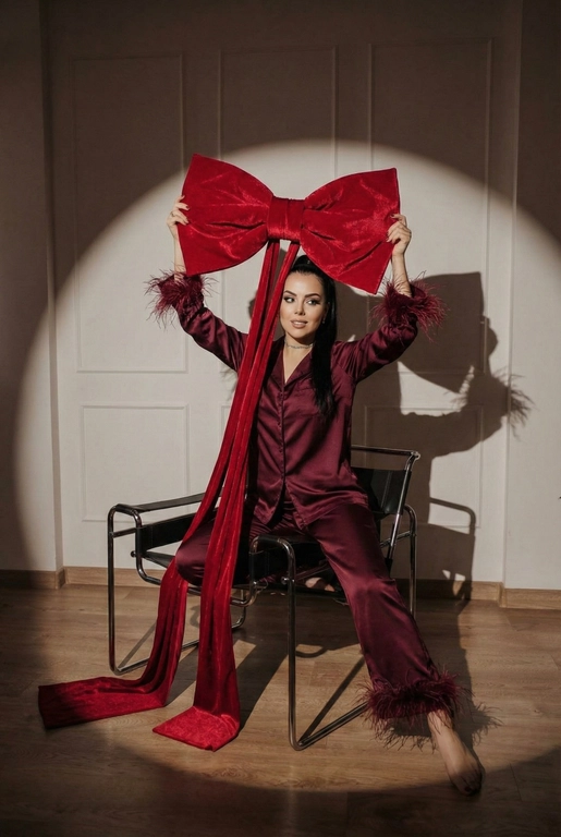 Создай фэшн-фото человека крупным планом до колен, позирующего на стуле под направленным светом прожектора на фоне стены с лепниной, как на референсном изображении. Черты лица, пол, комплекция, возраст и цвет волос должны быть такими же, как на референсе. Драматичное сценическое освещение с выраженным световым пятном и мягкими тенями. Человек сидит уверенно и расслабленно. Одна нога на сидении,  другая на полу. В руках человек держит очень большой красный бархатный бант над головой — жест выглядит игриво и символично, создавая ощущение, что человек сам является подарком. У банта длинные ленты («ножки»), которые свободно и естественно ниспадают вниз. Взгляд направлен немного в сторону, мягкая улыбка. Общая атмосфера: high-fashion, новогодний гламур, рождественское настроение. Стиль журнальной съёмки, кинематографичный свет, высокая детализация, чистая композиция, профессиональная студийная фотография. На человеке шелковая пижама глубокого бордового цвета: свободная рубашка и брюки. Манжеты рукавов и края брюк отделаны страусиным пером. Ткань с мягким благородным блеском, подчёркивающим фактуру шёлка.