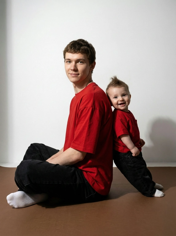 Гиперреалистичная фотография. Качество 8К. Используя портретное сходство с людьми с фотографий, создай фотографию: женщина в красной оверсайз свободной футболке и свободных черных джинсах, белых носках. Ребенок одет в красную оверсайз футболку, черные свободные джинсы и белые носочки. Женщина сидит на полу, согнув колени, смотрит прямо в кадр с еле заметной улыбкой. Сзади женщины в такой же позе сидит ребенок облокотившись спиной к спине женщины, с легкой улыбкой. Темный стиль модного редакционного журнала, глубокие тени и драматическое студийное освещение, белый фон, элегантная и мощная композиция, ультрареалистичный, высокая детализация, художественный портрет.