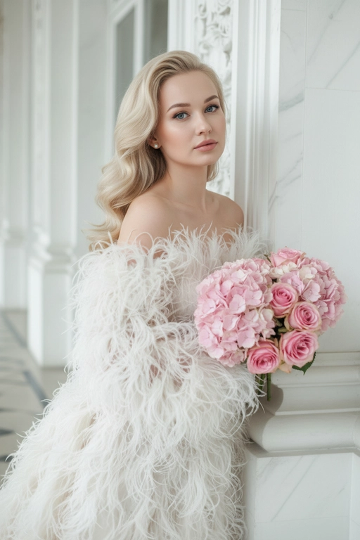 Создай крупный плечевой портрет, не меняя черты лица.Детальный крупный портрет элегантной женщины в эффектном, роскошном, модном платье. Женщина с волнистыми волосами. Одежда представляет собой объемное творение кутюр, полностью сделанное из больших, текстурированных, кремово-белых перьев, уложенного с открытыми плечами, чтобы обнажить декольте  Женщина стоит в динамичной, чувственной позе, прислонившись к белой классическому архитектурной стене. На ней серьги-гвоздики жемчужные . На заднем плане представлен грандиозный, классический интерьер/экстерьер - ярко-белая мраморная или лепная стена. Редакционное освещение, мягкое и рассеянное, подчеркивающее текстуру перьев и кожи.в руках букет. Высокое разрешение, сверхдетализация, модная фотография Букет из пудрово-розовых гортензий и роз