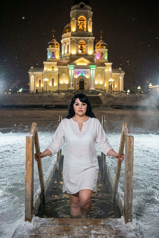   Создай изображение человека с исходного фото, человек держится за борты деревянной лестницы: если это женщина она одета в белую крестильную сорочку под ней белый купальник и крестик на шее, если это мужчина он одет в купальные шорты и с нательным крестиком на шее; человек заходит в священную зимнюю оборудованную купель. Задний план — большой красивый храм с художественной подсветкой и колоколами. Действие происходит ночью. Гиперреализм, высокая детализация, 8K, добавь зерно, взгляд в камеру.